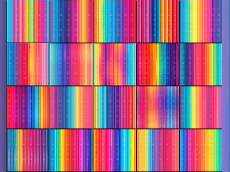 May include: A colourful, abstract design composed of a grid of rectangular panels. Each panel showcases vertical stripes in a spectrum of colours, including red, orange, yellow, green, blue, and purple. The overall effect is a bright and visually striking display.