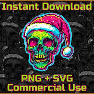 Trippy Santa tête de mort en téléchargement numérique PNG Transparent SVG néon tête de mort Clip Art usage commercial autocollant imprimable Noël psychédélique sublimation