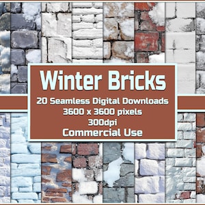 May include: 20 seamless digital downloads of winter brick textures. Each image is 3600 x 3600 pixels and 300dpi.  Commercial use is allowed.