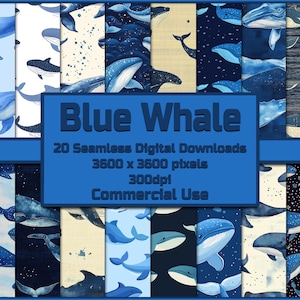 May include: A digital download of 20 seamless patterns featuring blue whales in various poses and backgrounds. The patterns are 3600 x 3600 pixels and 300dpi. The text "Blue Whale" is in a blue box at the top of the image. The text "20 Seamless Digital Downloads" is in a white box below the blue box. The text "3600 x 3600 pixels" is in a white box below the previous white box. The text "300dpi" is in a white box below the previous white box. The text "Commercial Use" is in a white box below the previous white box.
