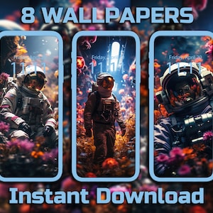 Könnte beinhalten: Drei Handy-Bildschirm-Mockups mit einem blauen Rand, die jeweils einen anderen Astronauten in einem Raumanzug zeigen, der in einem Feld mit rosa und lila Blumen steht. Der Text "8 WALLPAPERS" befindet sich oben im Bild und "Instant Download" unten.