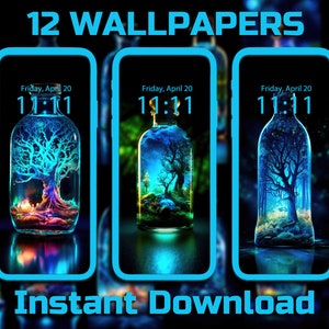 以下が含まれることがあります： 青い輝き効果のある携帯電話の画面のモックアップが3つあります。各画面には、内部に木がある光るボトルが表示されています。各画面には、「Friday, April 20」と「11:11」のテキストが表示されています。「12 WALLPAPERS」というテキストは画像の上部に、「Instant Download」というテキストは下部に表示されています。
