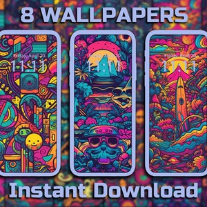 Puede incluir: Tres fondos de pantalla de teléfono coloridos con un diseño psicodélico, similar a un garabato. El primer fondo de pantalla presenta una variedad de formas y patrones, incluyendo un altavoz, una cara sonriente y un reloj. El segundo fondo de pantalla presenta una escena de puesta de sol con palmeras, una playa y un par de gafas de sol. El tercer fondo de pantalla presenta una escena de playa con palmeras, una tabla de surf y un volcán. El texto "8 WALLPAPERS" está en la parte superior de la imagen, y el texto "Instant Download" está en la parte inferior de la imagen.