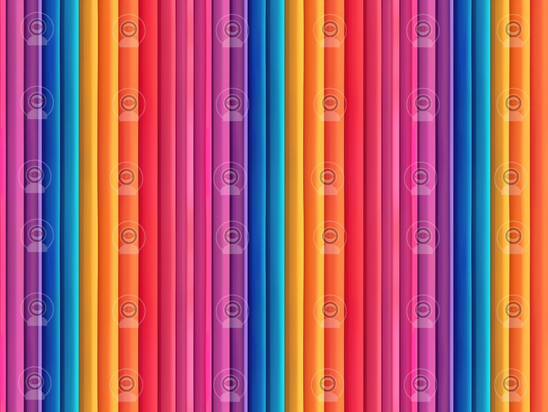 May include: A bright, colourful background featuring vertical stripes in a rainbow of shades. The stripes alternate between pink, purple, blue, yellow, orange, and red. A repeating pattern of a camera lens is visible on each stripe.