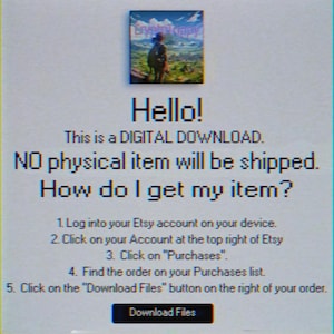 K&ouml;nnte beinhalten: Ein Hinweis auf einen digitalen Download mit dem Text "Hello! This is a DIGITAL DOWNLOAD. NO physical item will be shipped. How do I get my item?" und Anweisungen zum Herunterladen der digitalen Datei von Etsy.