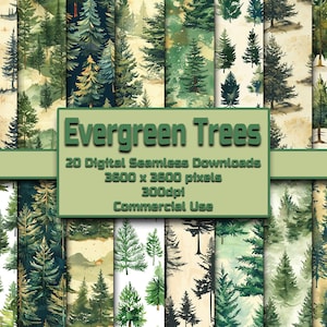 Albero sempreverde Seamless Pattern Download digitale Piastrelle Sfondo Pino Albero Carta da parati Uso commerciale Texture Foresta sempreverde Carta digitale