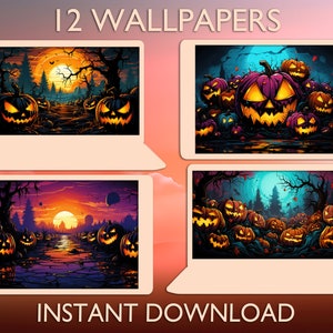 May include: A digital download of 12 Halloween-themed wallpapers featuring jack-o'-lantern pumpkins in various settings. The wallpapers are displayed on a laptop screen.