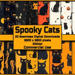 May include: A set of 20 digital seamless patterns featuring black cats with orange, white, and black backgrounds. The patterns are 3600 x 3600 pixels and 300 dpi. The text "Spooky Cats" is displayed in the center of the image.