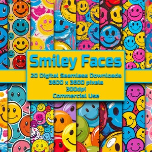 May include: A digital download of 20 seamless patterns featuring colorful smiley faces in various styles. The patterns are 3600 x 3600 pixels and 300 dpi.  The text "Smiley Faces" is displayed in a blue font on a yellow background.