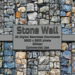 May include: A collection of 20 digital seamless stone wall textures. Each texture is 3600 x 3600 pixels and 300dpi.  The textures feature various shades of gray, brown, and blue stone.