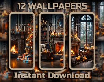 May include: Three phone wallpapers featuring a cozy fireplace scene with a Christmas tree, candles, and a window. The text "Friday, April 20" is displayed on each wallpaper.