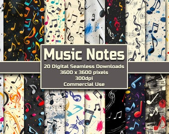 May include: A collection of 20 digital seamless patterns featuring colorful music notes on various backgrounds. The patterns are 3600 x 3600 pixels and 300dpi. Commercial use is allowed.