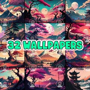 May include: A collage of 32 digital wallpapers featuring vibrant landscapes with mountains, trees, and sunsets. The text "32 WALLPAPERS" is displayed in the centre of the image.