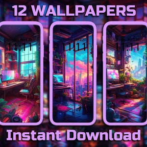 May include: Three phone mockups with a purple border, displaying a digital art image of a room with a computer, desk, and a window with a city skyline view. The time on the phone screen is 11:11. The text "12 WALLPAPERS" and "Instant Download" are displayed below the mockups.