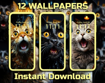 Fondo de pantalla de gato divertido para teléfono 12 fondos de descarga digital de gatitos caprichosos Lindo regalo de arte de gato para amantes de los gatos Diseño felino único