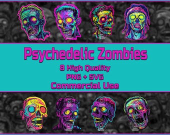 Psychedelic Zombie Design 8 Digital Download Transparent PNG SVG Trippy Zombie Clip Art Commercial Use Printable T-Shirt Zombie Stickers