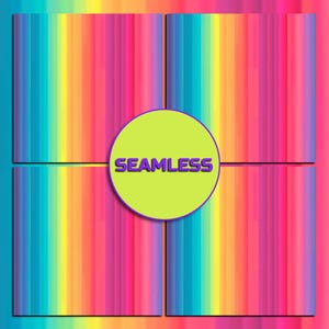 May include: A colourful, seamless pattern design with vertical stripes in rainbow hues. The word "SEAMLESS" is in purple font within a lime green circle. The design is set against a vibrant, multi-coloured background.