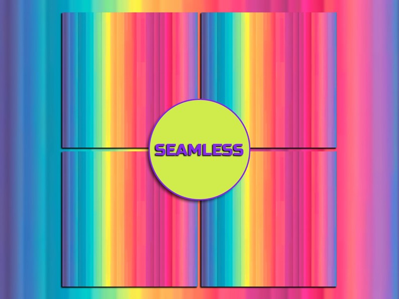 May include: A colourful, seamless pattern design with vertical stripes in rainbow hues. The word "SEAMLESS" is in purple font within a lime green circle. The design is set against a vibrant, multi-coloured background.