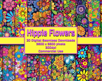 Hippie Flowers Seamless Pattern Digital Download Tile Background Psychedelic Wallpaper Commercial Use Texture Trippy Digital Paper Floral
