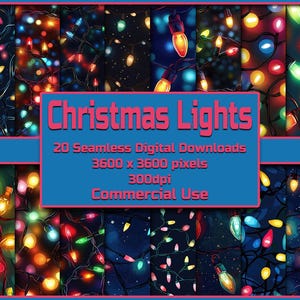 May include: A digital download graphic featuring a collage of Christmas lights in various colors. The image includes text that reads "Christmas Lights" and details about the digital downloads, including pixel dimensions and commercial use.