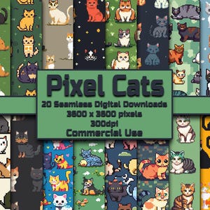Pixel Art Cats Seamless Pattern Digital Download Tile Background Kitten Wallpaper Commercial Use Texture Pixel Art Feline Digital Paper