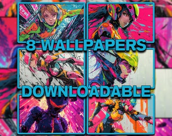 Puede incluir: Un collage de ocho ilustraciones digitales vibrantes y coloridas con personajes de estilo anime en entornos futuristas y cyberpunk. El texto "8 WALLPAPERS DOWNLOADABLE" se superpone a las imágenes.