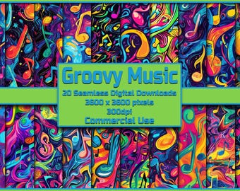 May include: A digital download of 20 seamless patterns featuring colorful abstract swirls and musical notes. The text "Groovy Music" is displayed in a bright blue font. The text "20 Seamless Digital Downloads 3600 x 3600 pixels 300dpi Commercial Use" is also displayed.