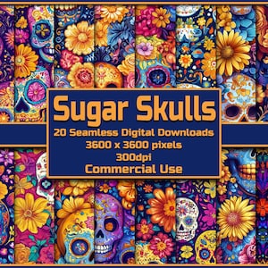 May include: A digital download set of 20 seamless patterns featuring colorful sugar skulls and floral designs. The patterns are 3600 x 3600 pixels and 300dpi.  The text "Sugar Skulls" is displayed in a bright orange font.  The text "20 Seamless Digital Downloads" is displayed in a dark orange font. The text "3600 x 3600 pixels" is displayed in a white font. The text "300dpi" is displayed in a white font. The text "Commercial Use" is displayed in a white font.