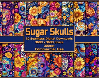 Sugar Skull Seamless Pattern Digital Download Tile Background Floral Skull Wallpaper Commercial Use Texture Dia de Los Muertos Digital Paper