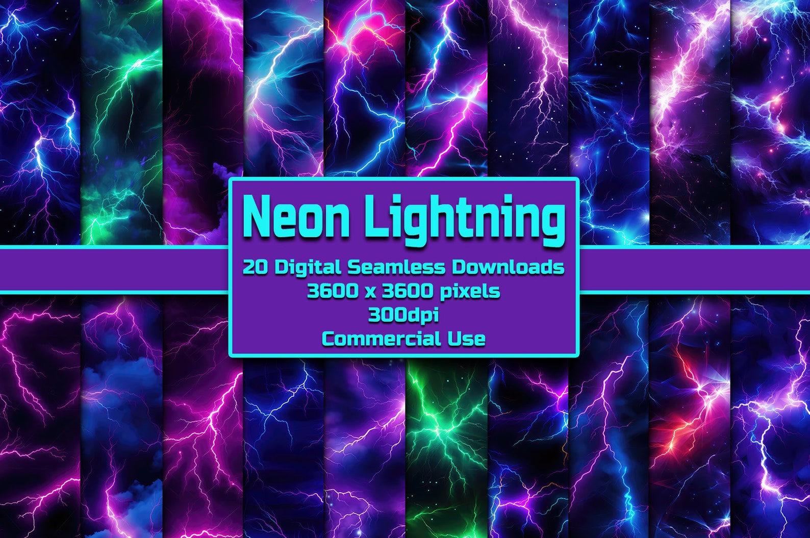 Tiling Lightning Neon Lightning Seamless Pattern Digital Download Tile Background ...