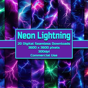 以下が含まれることがあります： 暗い青色の背景に、さまざまな色のネオンの稲妻が描かれた、20種類のデジタルシームレスパターン。パターンは3600 x 3600ピクセル、300dpiです。商用利用可能です。