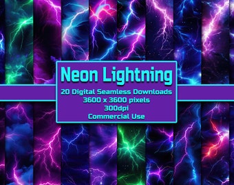 Neon Blitz Nahtlose Muster Digitaler Download Kachel Hintergrund Blitz Tapete Kommerzieller Gebrauch Textur Blitz Sturm Digitales Papier