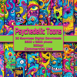 Puede incluir: 20 descargas digitales sin costuras de patrones de dibujos animados psicodélicos en colores brillantes. Cada patrón tiene 3600 x 3600 píxeles y 300 ppp. Se permite el uso comercial.