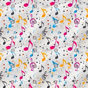 K&ouml;nnte beinhalten: Ein wei&szlig;er Hintergrund mit einem sich wiederholenden Muster aus bunten Musiknoten. Die Noten sind in verschiedenen Schattierungen von Pink, Blau, Gelb und Schwarz. Es gibt auch kleine schwarze Punkte, die &uuml;ber das gesamte Muster verteilt sind.