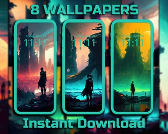 Cyberpunk Phone Wallpaper 8 Pack Digital Download Backgrounds Tech Noir iPhone Backgrounds Futuristic Sci-Fi Wallpapers