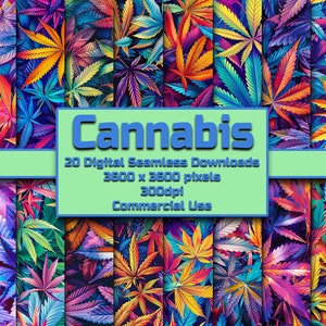 May include: 20 digital seamless downloads of colorful cannabis leaf patterns. Each pattern is 3600 x 3600 pixels and 300dpi. Commercial use.