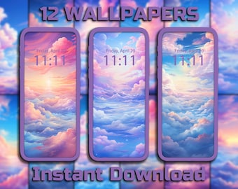 May include: Three phone screen mockups with a pink, blue, and purple sky with clouds. The time is 11:11 on each screen. The text "12 WALLPAPERS" and "Instant Download" are at the top and bottom of the image.