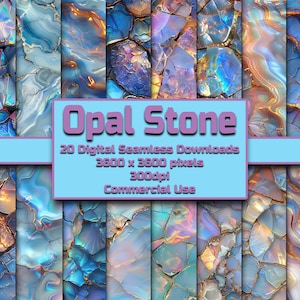 May include: 20 digital seamless opal stone patterns. Each pattern is 3600 x 3600 pixels and 300 dpi. The patterns feature iridescent blue, purple, and gold colours.