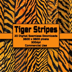 May include: 20 digital seamless tiger stripe patterns in orange and black.  Each pattern is 3600 x 3600 pixels and 300dpi.  Commercial use.