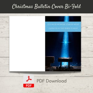 May include: A bi-fold Christmas bulletin cover with the text "Christmas Bulletin Cover Bi-Fold." The right panel features a blue light shining down on a manger. Text on the right panel reads "O STAR OF WONDER, STAR OF NIGHT GUIDE US TO THY PERFECT LIGHT."