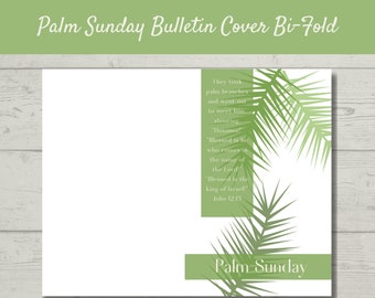 Könnte beinhalten: Ein doppelseitiger Bulletin-Umschlag für Palmsonntag. Das Design zeigt grüne Palmwedel und Text aus Johannes 12,13. Die Worte "Palm Sunday" werden in einem grünen Rechteck angezeigt. Die Worte "PDF Download" sind ebenfalls sichtbar.