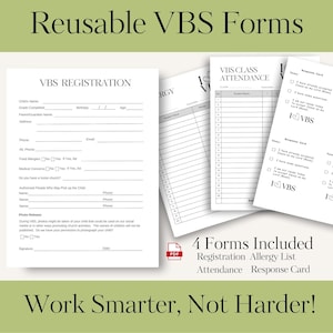 Vacation Bible School - Reusable Forms | Registration, Attendance Sheet, Allergy List, Response Card | PDF Download