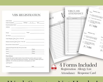 Vacation Bible School - Reusable Forms | Registration, Attendance Sheet, Allergy List, Response Card | PDF Download