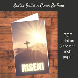 Könnte beinhalten: Ein druckbarer Oster-Bulletin-Umschlag mit einer Sonnenuntergangsszene, einem Kreuz auf einem Hügel und dem Wort "RISEN!" in gelben Buchstaben. Der Umschlag ist für den Druck auf Papier im Format 21,6 x 27,9 cm konzipiert.