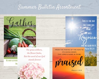 Könnte beinhalten: Drei druckbare Bulletin-Designs mit Sommermotiven. Das erste zeigt einen Korb mit Gemüse mit dem Text "Gather" und der Schrift "Das Gras verwelkt, die Blume verwelkt, aber das Wort unseres Gottes bleibt für immer. Jesaja 40:8". Das zweite zeigt einen Sonnenuntergang mit dem Text "Vom Aufgang der Sonne bis zu ihrem Untergang soll der Name des Herrn gelobt werden. Psalm 113:3". Das dritte zeigt ein Feld mit gelben Blumen mit dem Text "Dies ist der Tag, den der Herr gemacht hat: Lasst uns fröhlich sein und uns freuen. Psalm 118:24".
