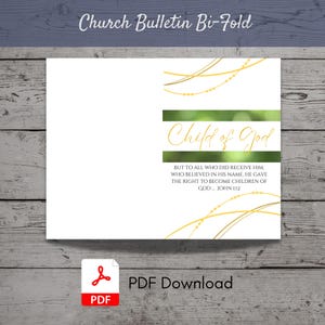 Könnte beinhalten: Ein weißer Kirchenbrief mit einem grünen und goldenen Design. Der Text lautet "Kind Gottes" und enthält einen Bibelvers aus Johannes 1,12. Der Brief ist ein Zweiseitenmodell und steht als PDF zum Download bereit.