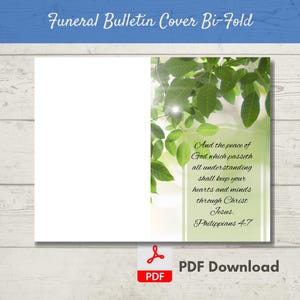 May include: Bi-fold funeral bulletin cover with a white background and a green leaf design. The text reads "Funeral Bulletin Cover Bi-Fold" at the top and "And the peace of God...Philippians 4:7" on the right. A PDF download icon is at the bottom.