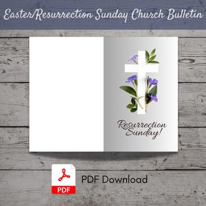 Könnte beinhalten: Ein druckbarer Oster-Kirchenbrief mit einem weißen Kreuz und lila Blumen auf grauem Hintergrund. Der Text "Resurrection Sunday!" steht unter dem Kreuz. Der Kirchenbrief ist ein PDF-Download.