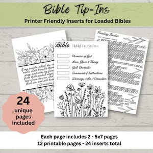 Puede incluir: Un conjunto de insertos bíblicos imprimibles con ilustraciones florales y texto en blanco y negro. Las páginas incluyen un rastreador de lectura, un sistema de resaltado bíblico y versículos. Una etiqueta rosa indica 24 páginas únicas.