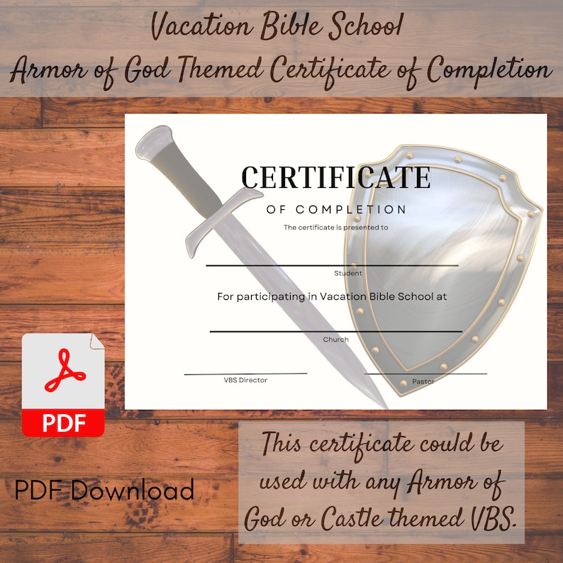 Vacation Bible School - Armor of God Completion Certificate - Etsy